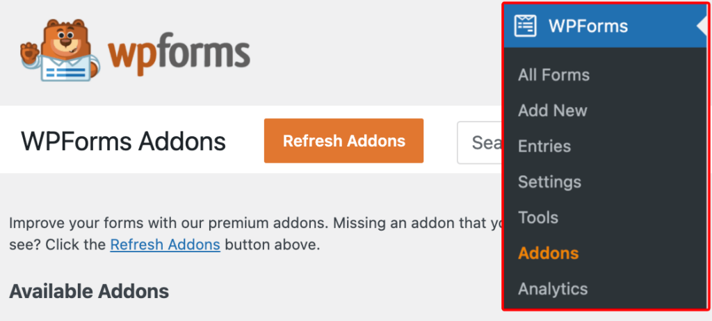 WPForms addons screen