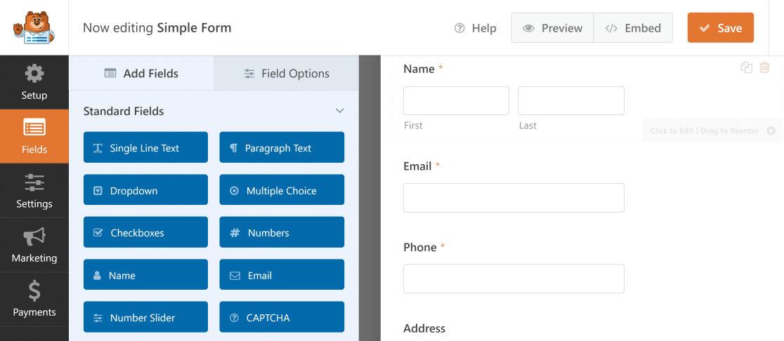 WPForms builder view