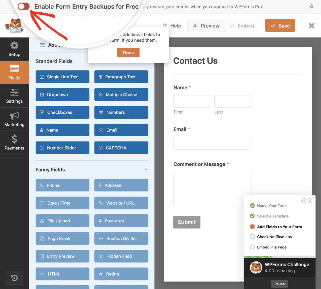 Enabling entry backups during the WPForms Challenge