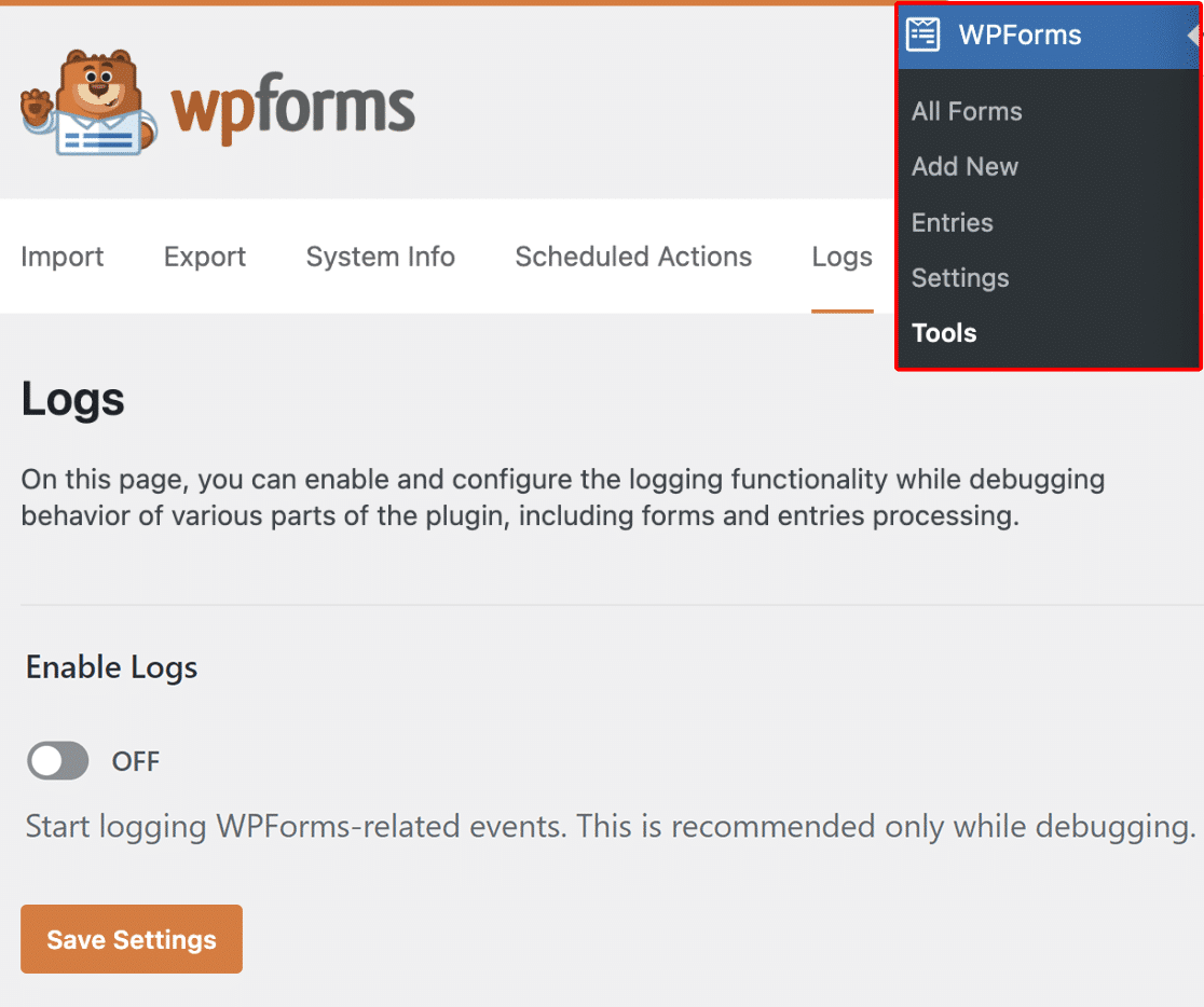 Logs Tab in WPForms