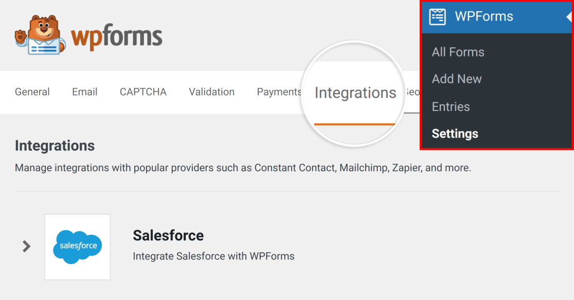 Accessing the Salesforce settings in WPForms