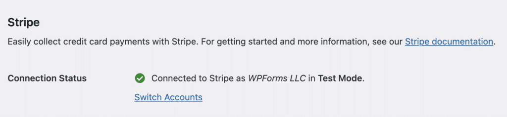 WPForms Stripe connection status