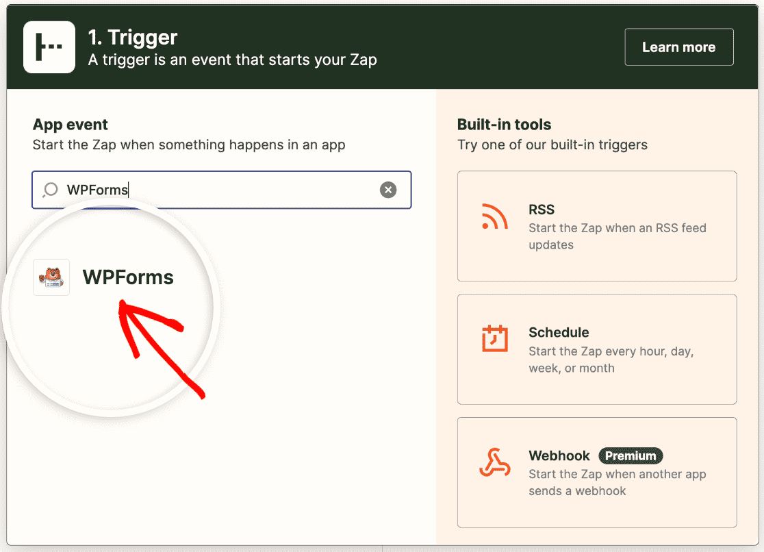 Choosing the WPForms app event in Zapier