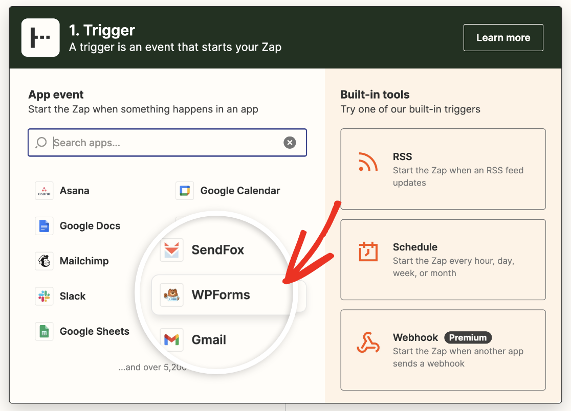 Choosing WPForms as the trigger app in Zapier